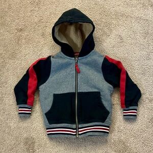 Hanna Andersson Colorblock Sherpa Lined Hoodie, Black/Gray/Red - Size 3 (GUC)